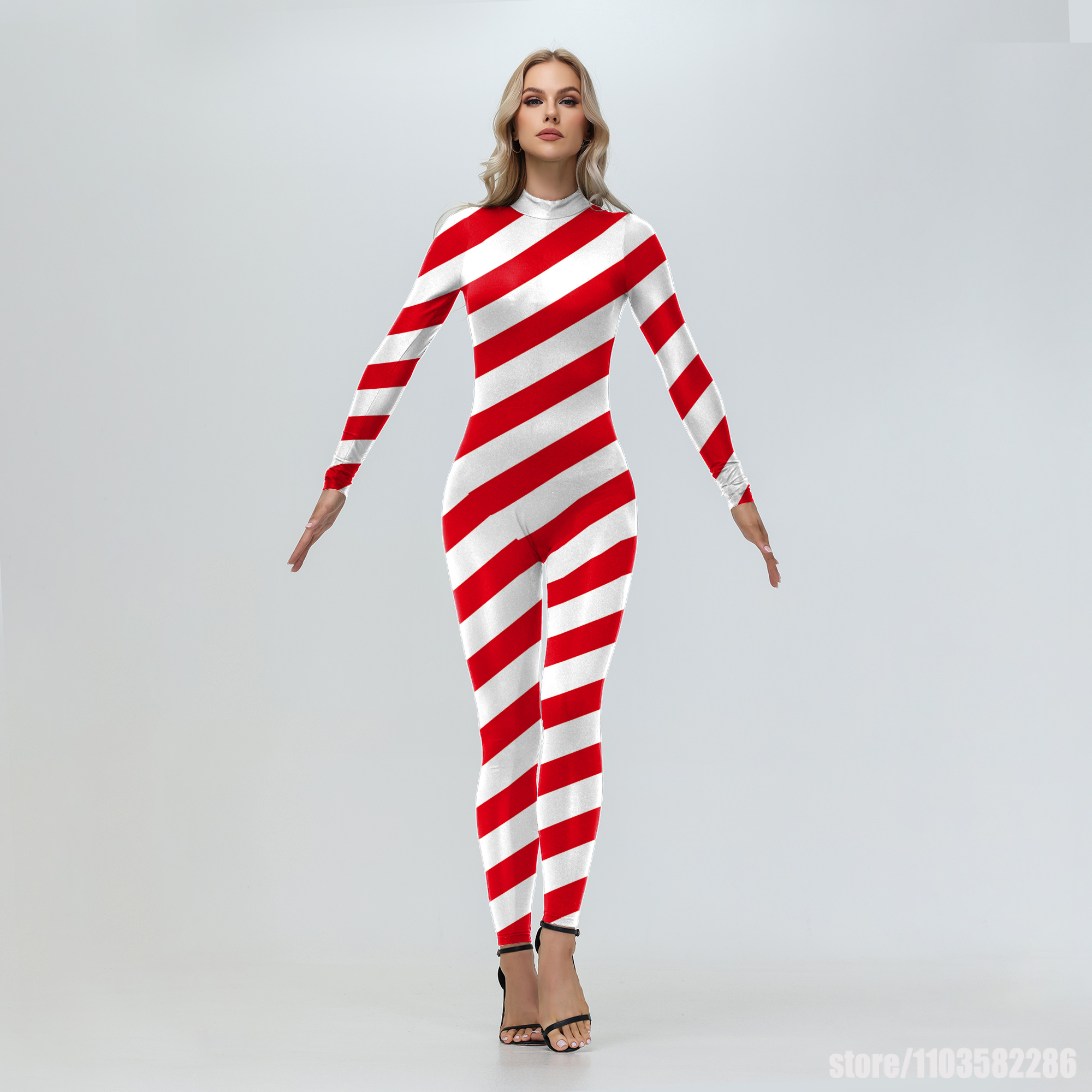 Women Candy Cane Jumpsuit Red  - 3D Printing Xmas recension och pris